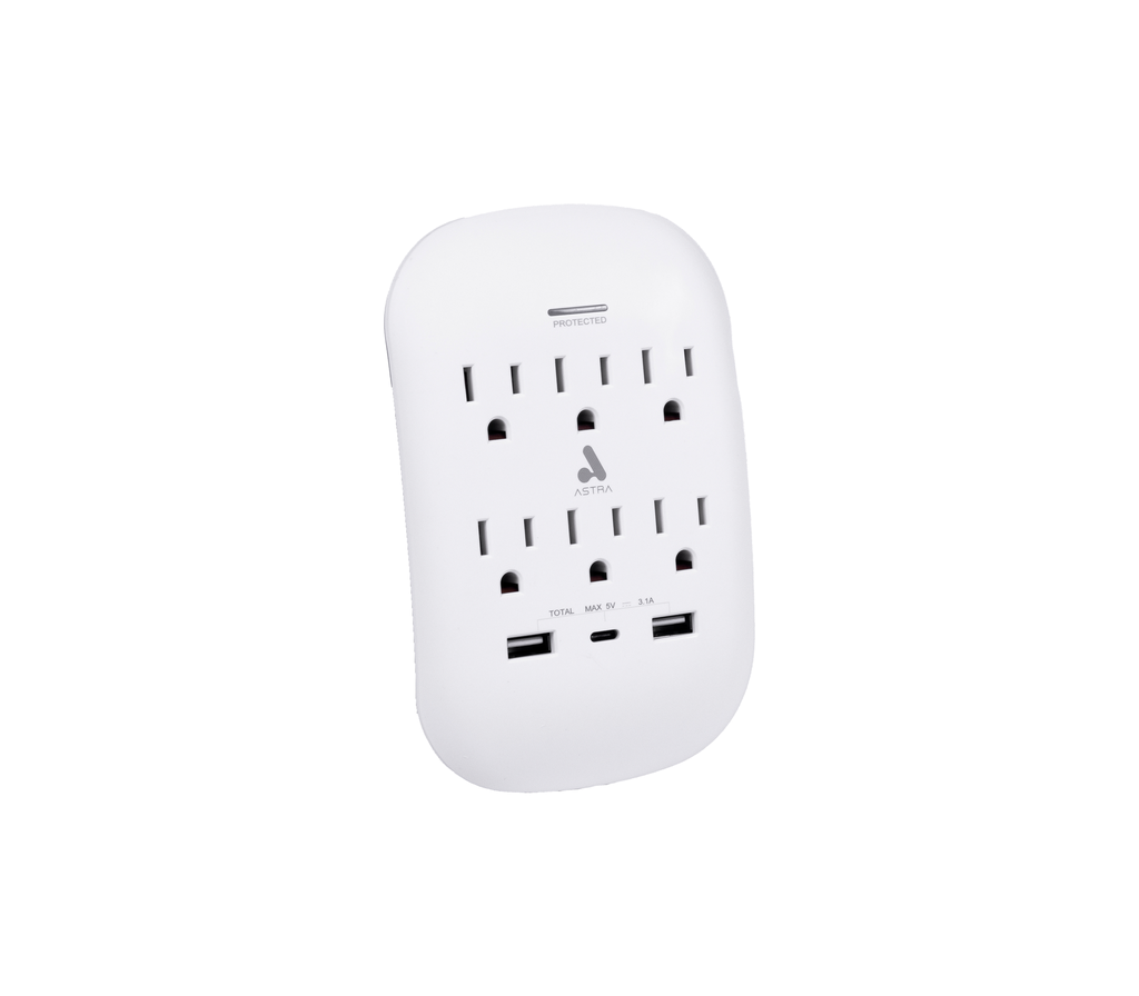 ASTRA TOMA CORRIENTE PROTECTOR DE SOBRETENSIONES 6 SALIDAS 5-15R 125V/1875W 2USB - Titaniccenter.com