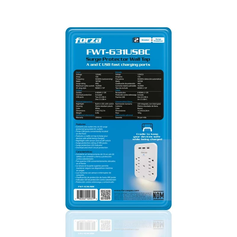 FORZA PROTECTOR CONTRA SOBRETENSIONES DE PARED 110V 6 SALIDAS FWT-631USBC (FWT-6 - Acosa Honduras