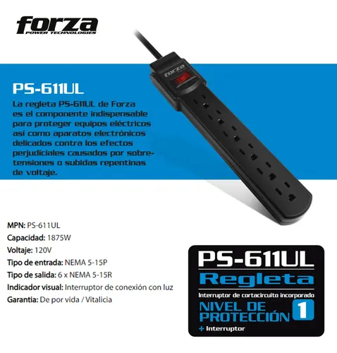 FORZA REGLETA  1800W 120V   6  X NEMA UNIVERSAL  5-15R  INTERRUPTOR DE LUZ (PS_6 - Mercado Libre - Mercado Libre Venezuela