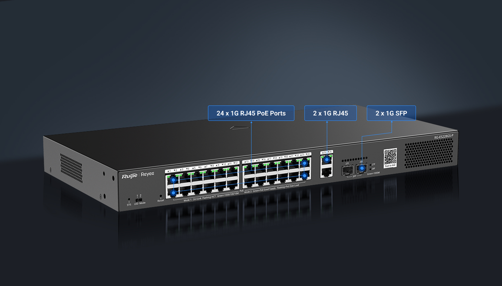 RUIJIE REYEE SWITCH SMART POE CON 24 PUERTOS GIGABIT POE 802.3AF/AT+ 2 SF PARA F - Ruijie Reyee - Ruijie Networks