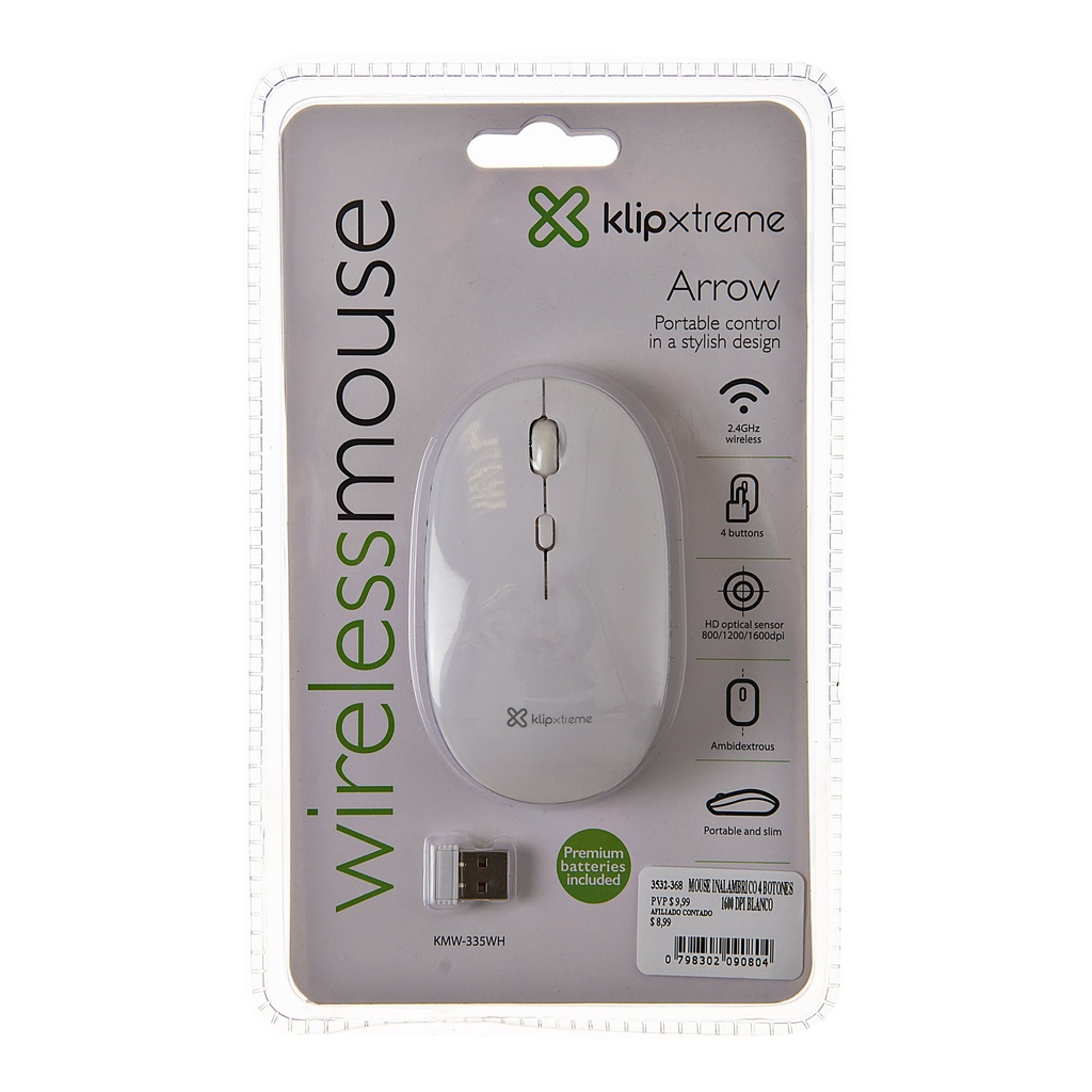 KLIPXTREME MOUSE INALAMBRICO 2.4 GHZ 1600DPI  BLANCO (KMW-335WH) - SUKASA