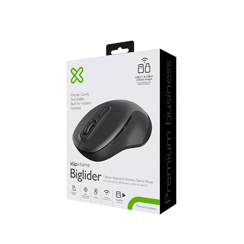 KLIPXTREME MOUSE OPTICO INALAMBRICO BIGLIDER 7 BOTONES ERGONOMICO 2,4 GHz USB-A USB-C HD1000/1600/2400 dpiNEGRO(KMW-550) - Klip Xtreme