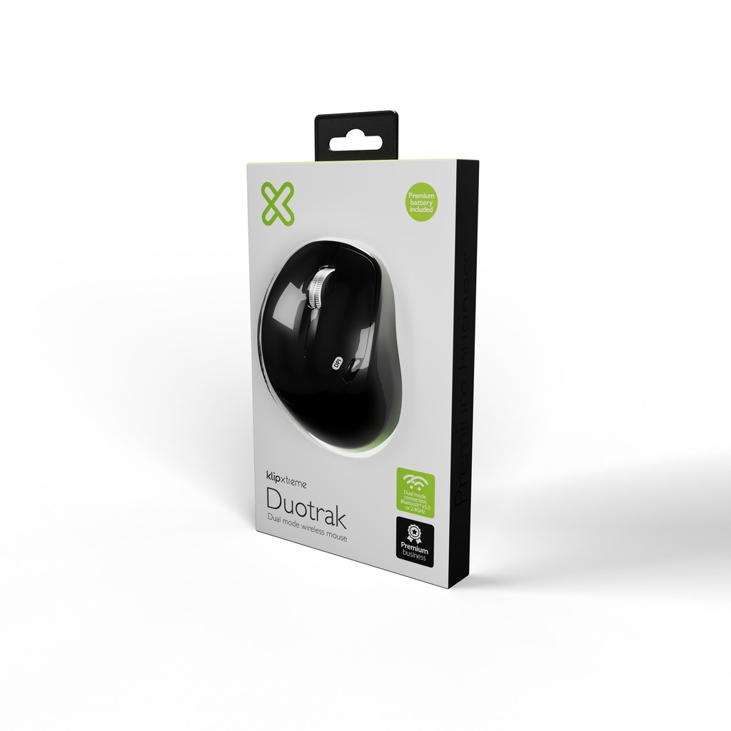 KLIPXTREME MOUSE OPTICO INALAMBRICO DUOTRACK ERGONOMICO 6  BOTONES USB BT 2.4 GHZ 800/1200/1600dpi  NEGRO (KMB501BK) - Klip Xtreme