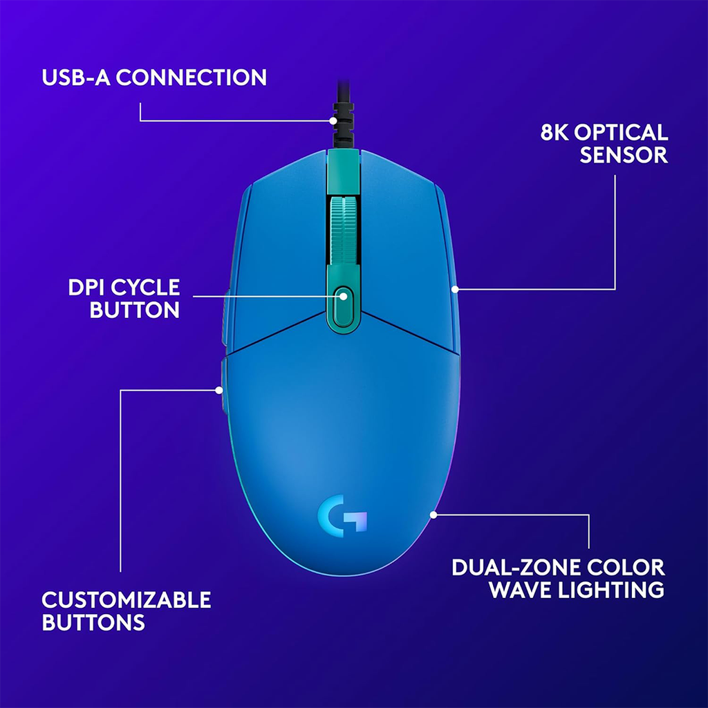 LOGITECH MOUSE ALAMBRICO G203 GAMING  6 BOTONES / LIGHTSYNC AZUL - Circuit Zone