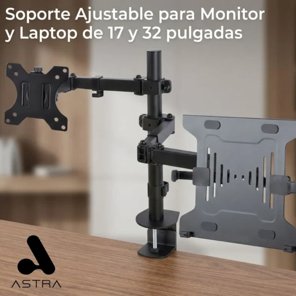 ASTRA SOPORTE AJUSTABLE DE ACERO PARA MONITOR 17"-32" Y LAPTOP HASTA 9KG / NEGRO - 212 Global