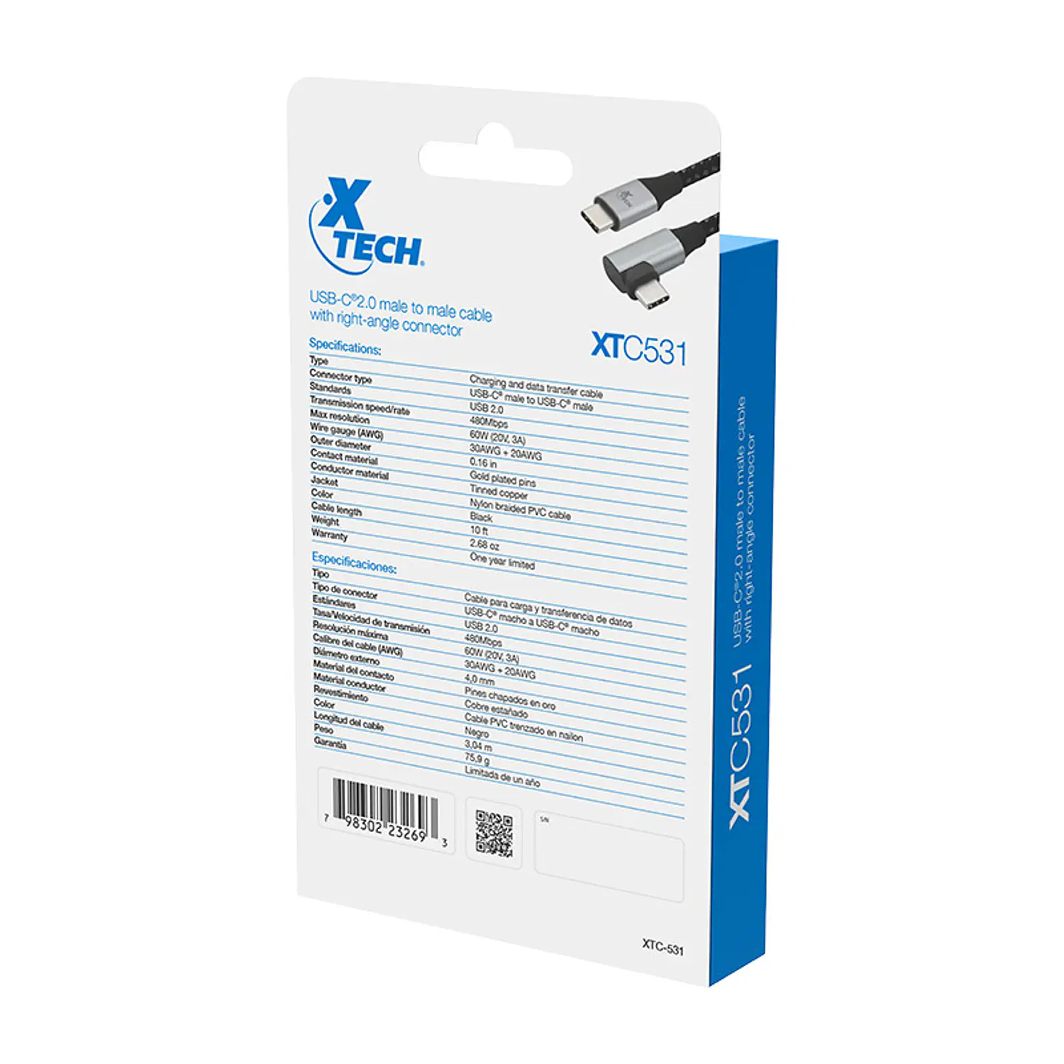 XTECH CABLE CON CONECTOR EN FORMA DE L USB-C MACHO A  USB-C MACHO 3 M (XTC-531) - Cybertech