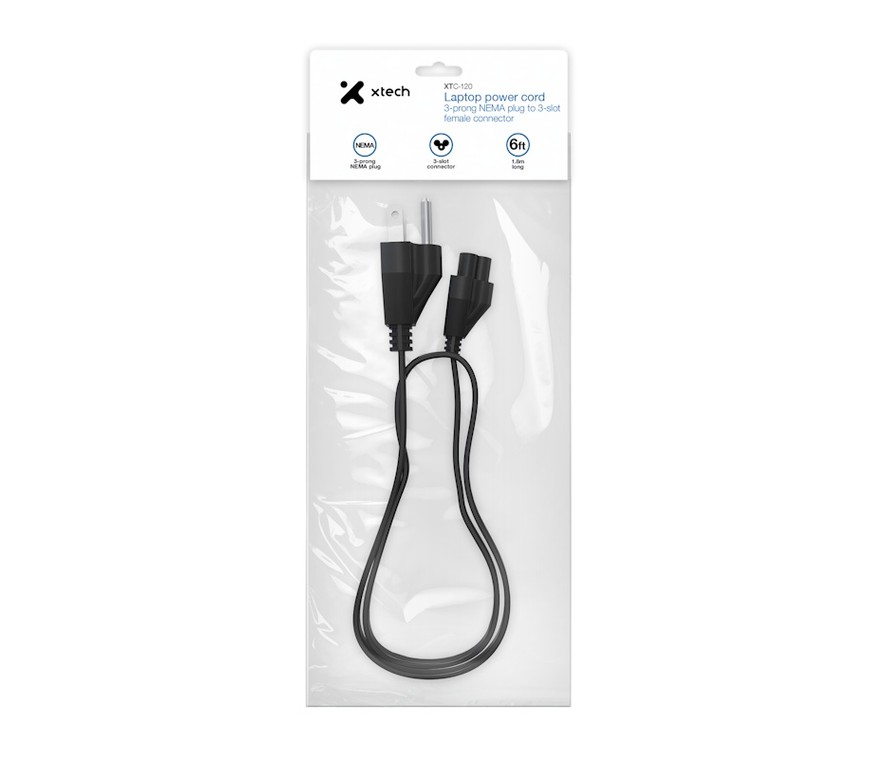 XTECH CABLE DE ALIMENTACION PARA LAPTOP NEMA DE 3 CLAVIJAS 110-250V 1.8M (XTC-12 - Baynao.do