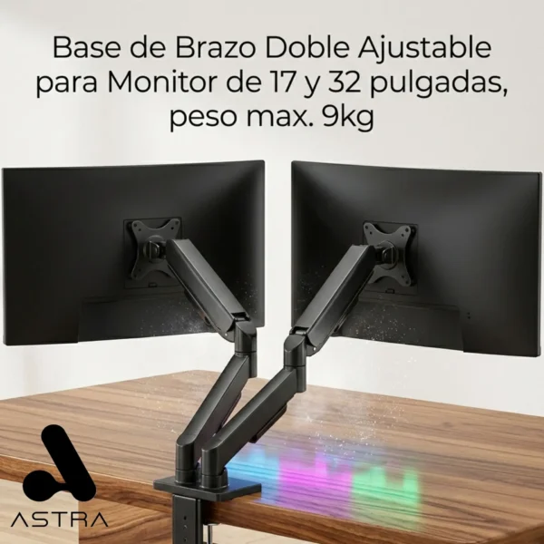 ASTRA BASE DE BRAZO DOBLE AJUSTABLE DE ACERO PARA MONITOR 17"-32" HASTA 9KG POR PANTALLA / NEGRA - 212 Global